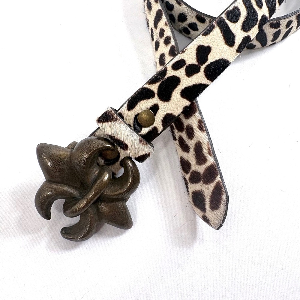 Calf Hair Belt Leopard Print Bronze Fleur De Lis Buckle Brown Leather Vintage